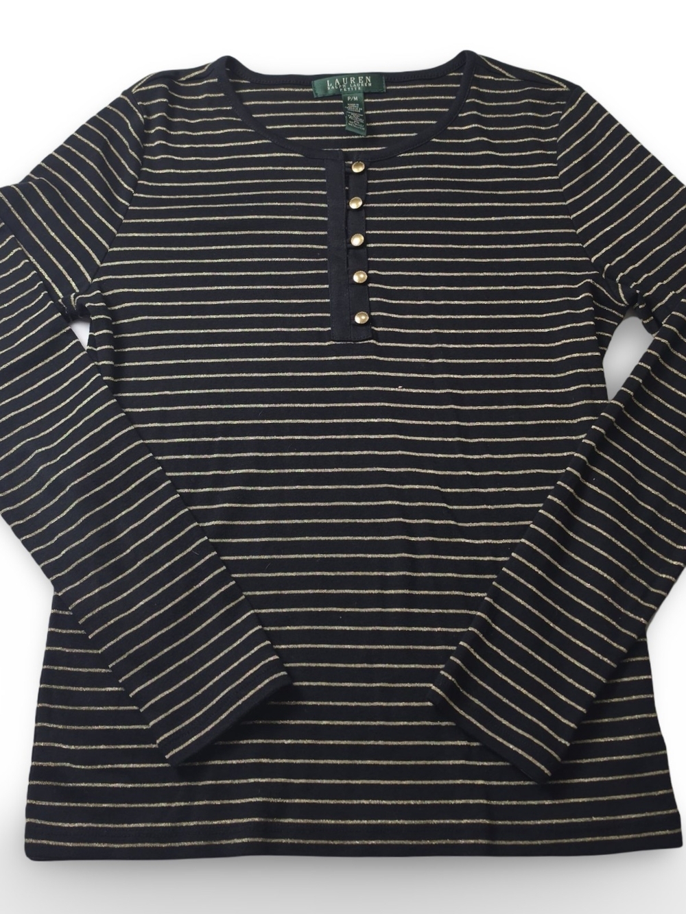Lauren Ralph Lauren Petite Metallic Gold Stripe Henley Top Black P/M